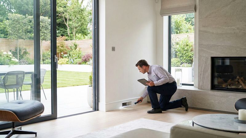 Técnico revisando la rejilla de ventilación de una vivienda en busca de plagas